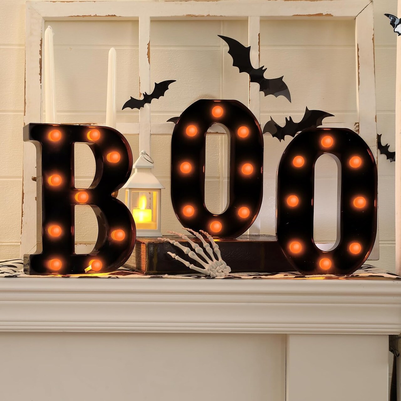 LED “BOO” Marquee Sign – Light-Up Halloween Tabletop Decor for Mantel, Fireplace & Party Display